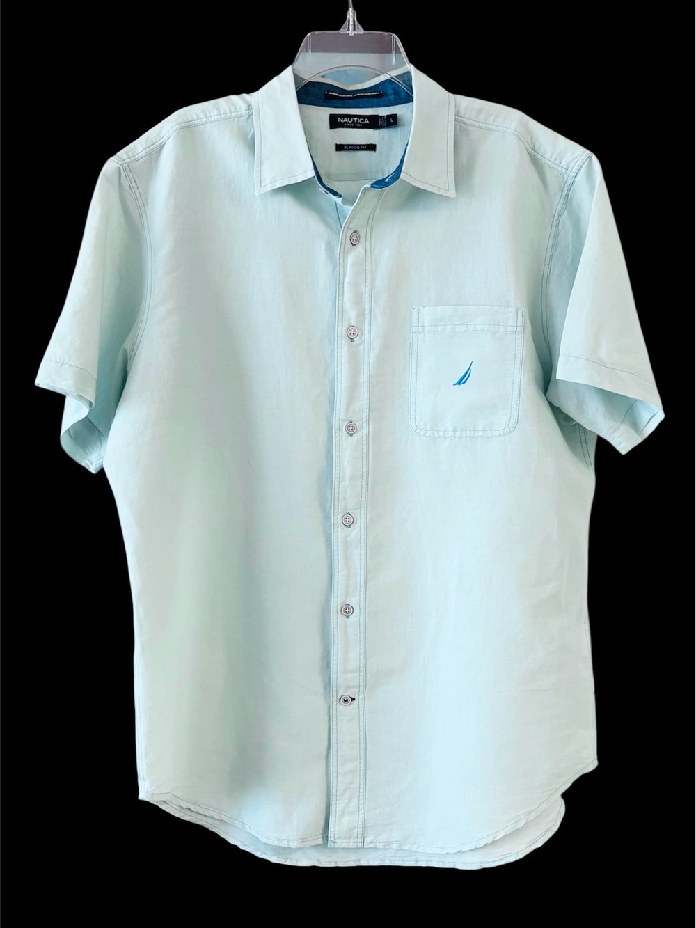 Nautica Ramie & Cotton pale Mint Green Button Down Pocket Logo Large EUC